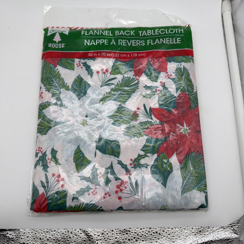 Christmas Vinyl Flannel Back Tablecloth 52x70 Red & White & Green Leaves